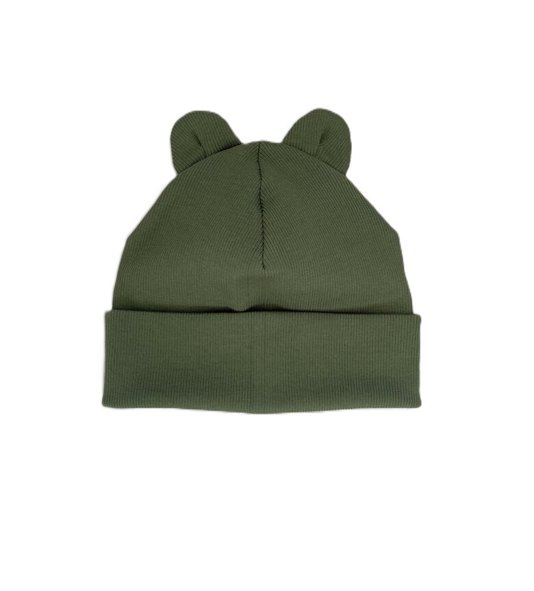 Bērnu cepure ar austiņām (haki zaļa) | Rievota kokvilna