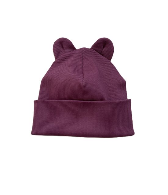 Kokvilnas trikotāžas cepure bērnam ar austiņām - mauve wine tonis