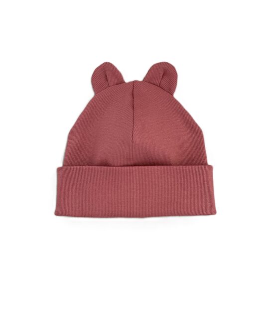 Stilīga trikotāžas cepure bērnam ar austiņām - dūmakainas rozes tonis